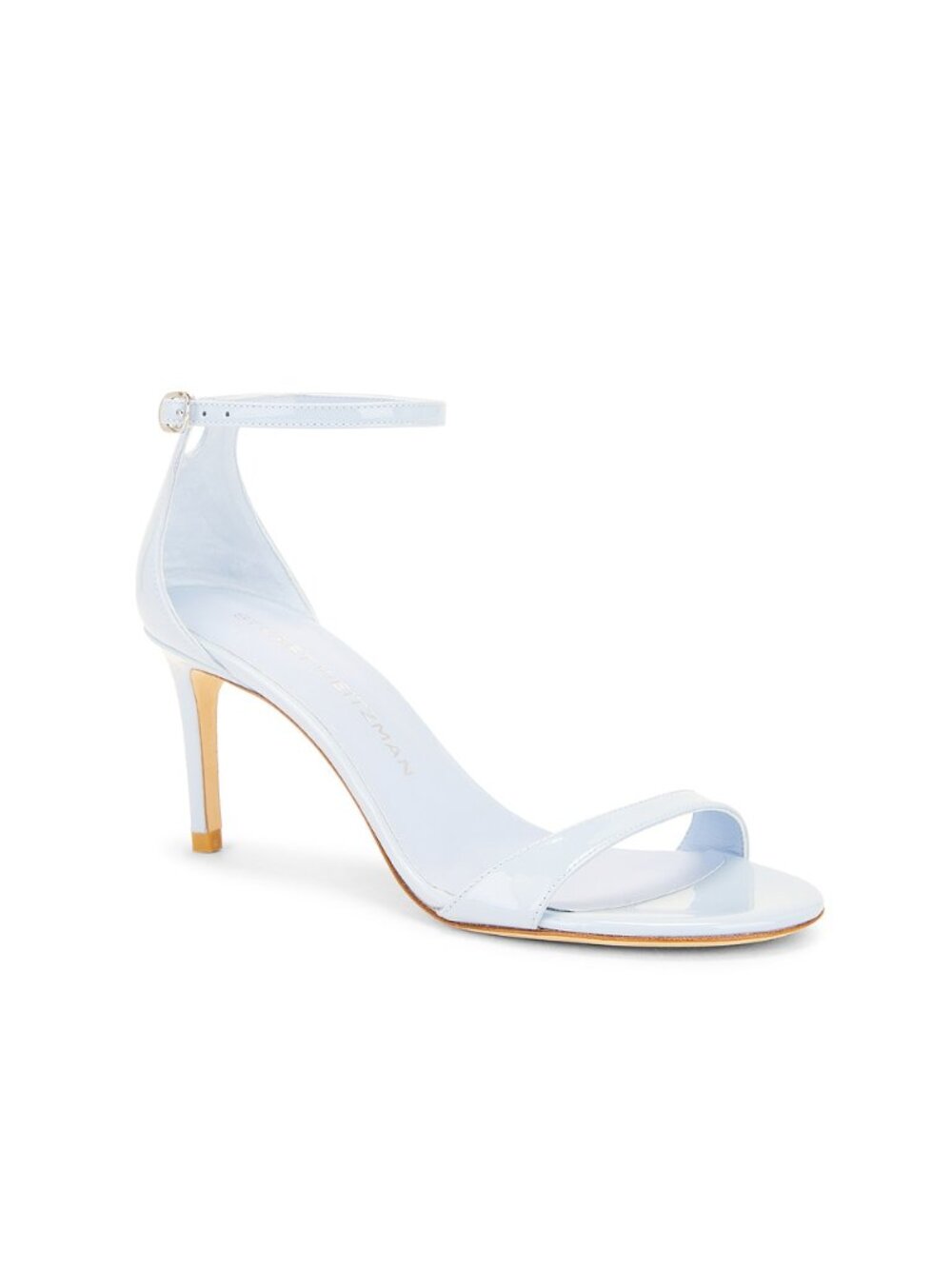 Stuart Weitzman Nudistarc 75 Sandal in Cielo blue shiny leather high heel strap